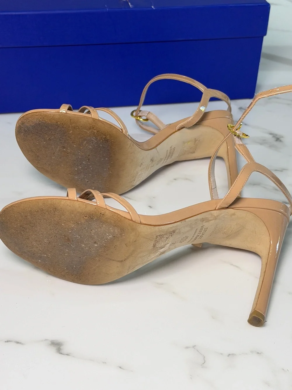 Stuart Weitzman Mykonos Braid Patent Nude Heels Size 7